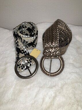 2 Vintage Metallic Wide Braided woven Belts NEW Gold/Silver